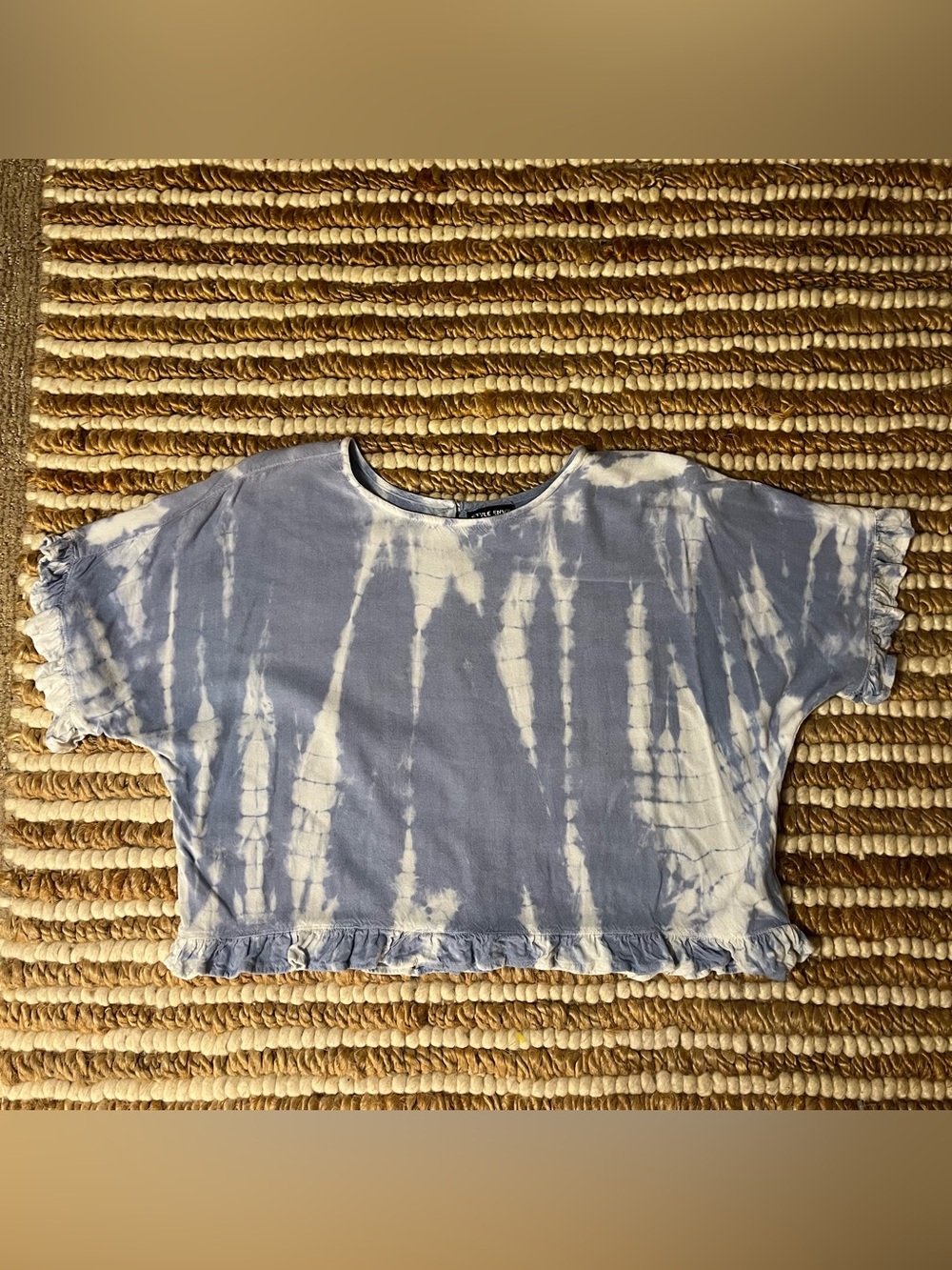 Tie-Dye Cropped Boxy ruffle hem Tee - Blue & White